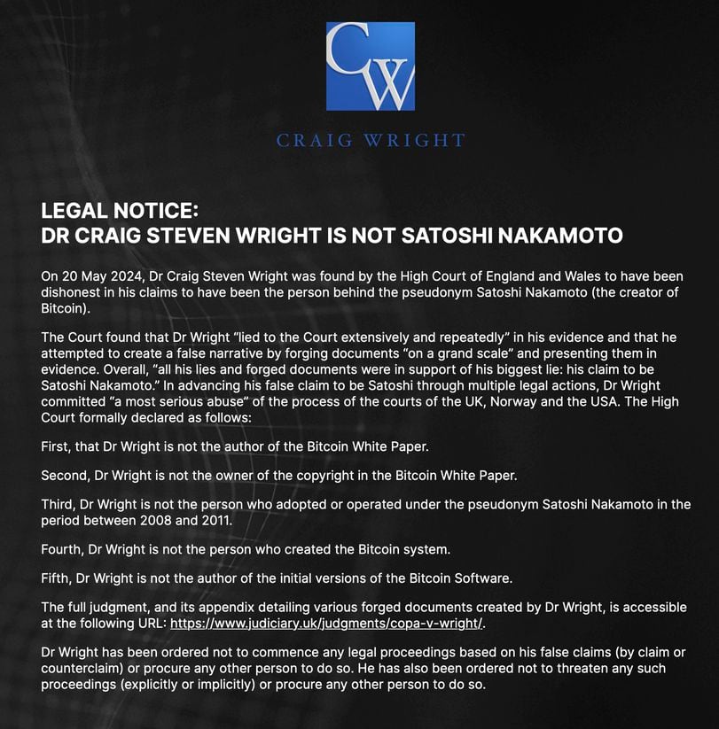 After Court Order, Craig Wright Updates Website With Admission He Is Not Bitcoin Creator Satoshi